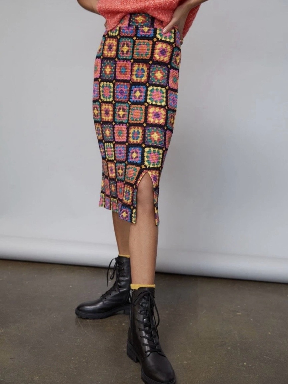 NWT Farm Rio Anthro Kaylee Knit Multicolor Skirt -SZ M- Stretchy Granny Squares